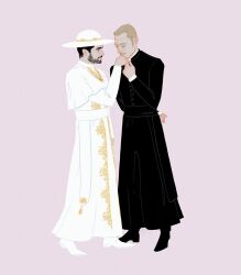 Rule 34 | 2boys, arm behind back, beard, black hair, blonde hair, cassock, clerical collar, facial hair, full beard, full body, goatee, holding hands, kiss, kissing hand, looking at another, male focus, marcus keane, multiple boys, mustache, pink background, priest, simple background, the exorcist, tomas ortega, weardes, yaoi