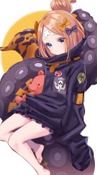Rule 34 | 1girl, abigail williams (fate), abigail williams (traveling outfit) (fate), alternate hairstyle, bandaid, bandaid on face, bandaid on forehead, barefoot, belt, black bow, black jacket, blonde hair, blue eyes, blush, bow, fate/grand order, fate (series), feet, forehead, hair bow, hair bun, high collar, highres, holding, holding stuffed toy, jacket, legs, long hair, looking at viewer, misumi (macaroni), official alternate costume, open mouth, orange bow, parted bangs, polka dot, polka dot bow, simple background, single hair bun, sitting, sleeves past fingers, sleeves past wrists, solo, stuffed animal, stuffed toy, suction cups, teddy bear, tentacles, thighs, white background
