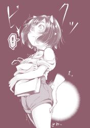 Rule 34 | !, 1girl, absurdres, alternate costume, ambiguous gender, ass grab, bag, bare shoulders, blush, chikan, choker, clothing cutout, collarbone, cone horns, contemporary, disembodied hand, groping, highres, holding, holding bag, horns, jako nasuki, kijin seija, monochrome, multicolored hair, pointy ears, shirt, short hair, short sleeves, shorts, shoulder cutout, simple background, standing, streaked hair, surprised, touhou