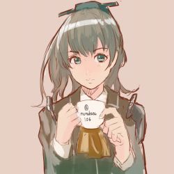Rule 34 | 10s, brown hair, cup, green eyes, kantai collection, kumano (kancolle), long hair, looking at viewer, munakata (hisahige), pink background, simple background, smile