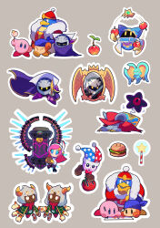 Rule 34 | 1girl, absurdres, aluuuuu721, animal ears, armor, bandana, bandana waddle dee, blue bandana, blue eyes, cape, claws, closed eyes, crown, dark meta knight, dark nebula, daroach, dimension mirror, disembodied limb, drawing, elfilin, extra arms, galaxia (sword), gem apple, gloves, grey background, hand on own chin, hat, highres, holding, holding pencil, holding sword, holding weapon, horns, invincible candy, jester cap, juggling, king dedede, kirby, kirby (series), kirby burger, magolor, marx (kirby), master crown, maxim tomato, meta knight, mouse ears, nintendo, notched ear, outline, pauldrons, pencil, pink hair, pom pom (cheerleading), queen sectonia, shoulder armor, smile, solid oval eyes, star dream, star rod, susie (kirby), sword, taranza, treasure chest, weapon, white hair, white outline