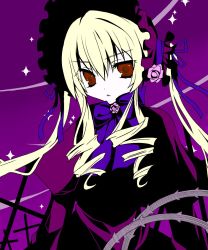 Rule 34 | 00s, 1girl, blonde hair, bonnet, bow, capelet, curly hair, flower, frills, highres, long sleeves, pale skin, pink flower, pink rose, purple theme, red eyes, ribbon, rose, rozen maiden, shinku, sidelocks, solo, sparkle, twintails, white hair