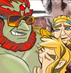 Rule 34 | 1girl, 2boys, armlet, beard, biting, blonde hair, character request, colored skin, elf, facial hair, forehead jewel, ganondorf, green skin, huge eyebrows, interracial, large pectorals, link, long hair, male focus, mature male, multiple boys, muscular, muscular male, newt (deadlymuse76), nintendo, official alternate costume, orange hair, parody, parody request, pectorals, photo-referenced, pointy ears, princess zelda, raised eyebrow, short hair, sucking male nipple, sunglasses, tattoo, the legend of zelda, the legend of zelda: tears of the kingdom, thick eyebrows, yaoi