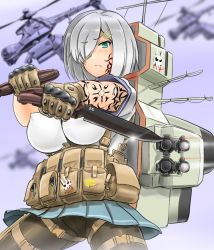 Rule 34 | aircraft, bad id, bad twitter id, blue eyes, breasts, combat knife, dual wielding, gloves, grey hair, hair over one eye, hamakaze (kancolle), helicopter, holding, kantai collection, knife, large breasts, panties, pantyhose, pantyshot, rigging, saizu nitou gunsou, skirt, solo, standing, tattoo, underwear, weapon