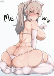 Rule 34 | 1girl, :&lt;, absurdres, animal ears, ass, back, bikini, blonde hair, blush, breasts, butt crack, cat ears, choker, fake animal ears, from behind, frown, green eyes, highres, huge ass, karee no sekai, large breasts, long hair, looking at viewer, looking back, maid headdress, original, paw pose, shoulder blades, side ponytail, skindentation, solo, string bikini, sweat, swimsuit, thigh strap, thighhighs, thighs, white background, white bikini, white thighhighs, wide hips