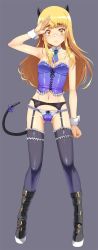 Rule 34 | 1girl, animal ears, black footwear, black thighhighs, blonde hair, blue necktie, blue panties, boots, bow, bow panties, breasts, bustier, cameltoe, cat ears, cat tail, closed mouth, collarbone, corset, covered clitoris, crotch seam, detached collar, frilled panties, frilled thighhighs, frills, full body, garter belt, garter straps, glasses, grey background, light frown, lingerie, long hair, looking at viewer, nail polish, navel, necktie, panties, panties over garter belt, perrine h. clostermann, ribbon, salute, short necktie, simple background, small breasts, solo, standing, strike witches, tabigarasu, tail, tail ornament, tail ribbon, thighhighs, underwear, world witches series, wrist cuffs, yellow eyes