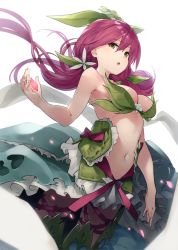 Rule 34 | 10s, 1girl, blue skirt, bra, breasts, brown eyes, cherry blossoms, commentary request, granblue fantasy, green bra, large breasts, leaf, monster girl, open mouth, parsley-f, plant girl, purple hair, red hair, skirt, solo, underwear, yellow eyes, yggdrasill (granblue fantasy)
