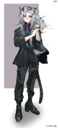 Rule 34 | 1girl, absurdres, animal ears, arknights, artist name, black footwear, black jacket, black pants, boots, braid, brass knuckles, suit jacket, full body, grey hair, hands up, highres, indra (arknights), indra (valiant general) (arknights), jacket, long hair, looking at viewer, necktie, official alternate costume, pants, purple necktie, purple shirt, scar, scar on face, scar on nose, shirt, simple background, soda (sod4), solo, striped necktie, tail, tiger ears, tiger girl, tiger tail, weapon, white background, yellow eyes
