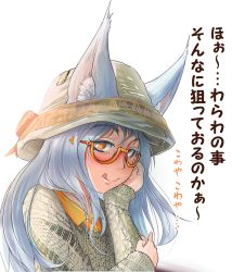 Rule 34 | 1girl, :q, animal ears, blue hair, blush, closed mouth, commentary request, doitsuken, ears through headwear, fang, glasses, grey sweater, hat, head rest, highres, licking lips, long hair, long sleeves, looking at viewer, looking to the side, orange eyes, orange shirt, original, partially translated, semi-rimless eyewear, shirt, simple background, smile, solo, sweater, tongue, tongue out, translation request, under-rim eyewear, white background
