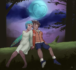 Rule 34 | 1boy, 1girl, aogami, aqua hair, blue eyes, brown hair, dark, dress, eureka (eureka seven), eureka seven, eureka seven (series), eye contact, fairy wings, feet, forehead jewel, forest, grass, hair ornament, happy, highres, holding hands, jacket, long sleeves, looking at another, moon, nature, night, outdoors, pink eyes, renton thurston, shoes, shorts, sitting, smile, tree, white dress, wings