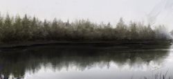 Rule 34 | building, fog, forest, grey sky, lake, mountain, nature, no humans, original, overcast, plant, reflection, scenery, shion (mirudakemann), shore, sky, spire, tree, water