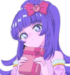 Rule 34 | 1990s (style), 1girl, absurdres, blunt bangs, blush, blush stickers, bow, box, detached sleeves, gift, gift box, hair bow, hair ornament, hanazono shuka, happy valentine, head tilt, high ponytail, highres, holding, holding box, holding gift, idol land pripara, idol time pripara, long hair, looking at viewer, milon cas, pink bow, pink shirt, pink sleeves, ponytail, pretty series, pripara, puckered lips, purple eyes, purple hair, red bow, retro artstyle, shirt, solo, upper body, valentine, white background