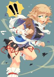 Rule 34 | !, 1girl, blonde hair, blush, breasts, eyebrows, green eyes, highres, iroyopon, looking at viewer, mizuhashi parsee, open mouth, pointy ears, scarf, short hair, simple background, solo, thick eyebrows, thighs, torn clothes, touhou