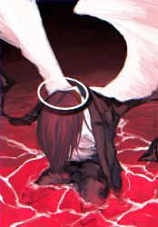 Rule 34 | 1boy, angel, angel devil (chainsaw man), angel wings, no arms, black jacket, chainsaw man, dark, eeeemajikaw, formal, halo, highres, jacket, kneeling, long hair, looking down, no arms, red hair, red theme, shirt, solo, suit, white shirt, white wings, wings