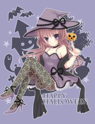 Rule 34 | 1girl, bad id, bad pixiv id, bare shoulders, bat (animal), breasts, brown hair, cleavage, english text, halloween, happy halloween, hat, highres, jack-o&#039;-lantern, long hair, looking at viewer, mana (10221125), original, pantyhose, purple eyes, sitting, smile, solo, witch, witch hat
