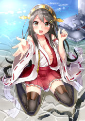 Rule 34 | 10s, 1girl, black hair, boots, brown eyes, detached sleeves, hairband, haruna (kancolle), japanese clothes, kantai collection, long hair, looking at viewer, machinery, nontraditional miko, open clothes, open mouth, open shirt, outstretched hand, ribbon-trimmed sleeves, ribbon trim, shirt, sitting, solo, thigh boots, thighhighs, turret, warirui, wariza, wide sleeves