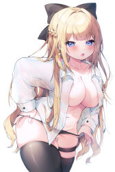 Rule 34 | 1girl, :o, black panties, blonde hair, blue eyes, blush, bow, braid, breasts, cleavage, collarbone, commission, curvy, hair bow, highres, large breasts, long hair, long sleeves, looking at viewer, navel, no bra, open clothes, open mouth, open shirt, original, panties, panty pull, sen light, shirt, sidelocks, simple background, solo, standing, thigh strap, thighhighs, underwear, very long hair, white background, white shirt