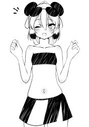 Rule 34 | 1girl, :d, absurdres, animal ears, bandeau, black bandeau, blush, breasts, collarbone, commentary, cowboy shot, eyewear on head, greyscale, hair between eyes, highres, looking at viewer, mei-mei (murenase! shiiton gakuen), midriff, miniskirt, monochrome, murenase! shiiton gakuen, navel, notice lines, one eye closed, open mouth, panda ears, panda girl, shirayuki aiki, simple background, skirt, small breasts, smile, solo, strapless, sunglasses, w arms, white background