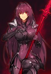 Rule 34 | &gt;:), 1girl, armor, bodysuit, breasts, covered navel, cowboy shot, fate/grand order, fate (series), gae bolg (fate), hair between eyes, highres, holding, holding weapon, large breasts, long hair, looking at viewer, melon22, pauldrons, polearm, purple bodysuit, purple hair, red eyes, scathach (fate), shoulder armor, solo, spear, v-shaped eyebrows, very long hair, weapon