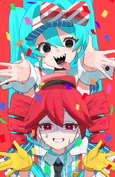 Rule 34 | 2girls, @ @, absurdres, aqua hair, black eyes, black necktie, bright pupils, byou (vfyk8337), collared shirt, commentary, gloves, hands up, hatsune miku, highres, kasane teto, mesmerizer (vocaloid), multiple girls, necktie, open mouth, red eyes, red hair, sharp teeth, shirt, smile, striped clothes, striped shirt, sweat, teeth, tongue, tongue out, utau, vertical-striped clothes, vertical-striped shirt, vocaloid, white pupils, wrist cuffs, yellow gloves