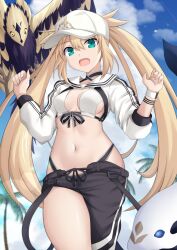 Rule 34 | 1girl, :d, animal, artoria caster (fate), artoria caster (swimsuit) (fate), artoria caster (swimsuit) (first ascension) (fate), artoria pendragon (fate), asymmetrical clothes, black ribbon, blonde hair, breasts, cloud, cowboy shot, cross (crossryou), day, fate/grand order, fate (series), gloves, green eyes, hair between eyes, hands up, hat, highres, long hair, long sleeves, looking at viewer, medium breasts, navel, open mouth, outdoors, ribbon, single pantsleg, smile, solo, stomach, twintails, white hat