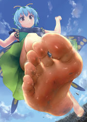 Rule 34 | 1girl, antennae, aqua hair, barefoot, blush, brown eyes, butterfly wings, closed mouth, dress, ebizome, eternity larva, fairy, feet, foot focus, full body, giant, giantess, green dress, hair between eyes, highres, insect wings, leaf, leaf on head, multicolored clothes, multicolored dress, short hair, single strap, smile, soles, solo, toes, touhou, wings