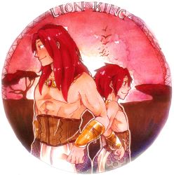 Rule 34 | 1boy, 2boys, age difference, bad id, bad pixiv id, circle, disney, father and son, from side, haule, highres, jewelry, male focus, marker (medium), multiple boys, necklace, aged up, painting (medium), red hair, topless male, simba, sky, the lion king, time paradox, traditional media, watercolor (medium), aged down