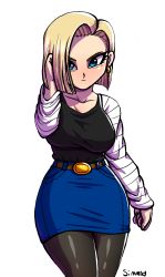 Rule 34 | 1girl, android 18, blonde hair, blue eyes, breasts, dragonball z, female focus, highres, simmsy, text focus
