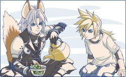Rule 34 | 2boys, aged down, animal ears, arm armor, arm guards, arm up, armor, belt, black coat, black footwear, black gloves, black pants, blonde hair, blue eyes, blue pants, boots, brown footwear, clenched hand, cloud strife, coat, commentary, donbee (food), donbee kitsune udon, final fantasy, final fantasy vii, final fantasy vii ever crisis, fox boy, fox ears, fox tail, gai012, gloves, green eyes, grey hair, hands up, holding kettle, instant udon, kemonomimi mode, kettle, kitsune udon, knee boots, kneeling, layered sleeves, long hair, looking down, low ponytail, male focus, medium hair, multiple boys, pants, parted bangs, pauldrons, sephiroth, shirt, shoulder armor, sitting, slit pupils, smile, spiked hair, tail, upper body, white shirt