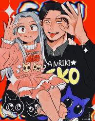 Rule 34 | 1boy, 1girl, black shirt, boku no hero academia, carrying, carrying person, clothes writing, collared shirt, eraser head (boku no hero academia), eri (boku no hero academia), facial hair, facial scar, goatee stubble, grey shirt, highres, horns, licking lips, long sleeves, looking at viewer, mustache stubble, oni horns, orange background, pink skirt, red eyes, scar, scar on cheek, scar on face, shirt, skirt, smile, sparkle, stubble, teeth, ton (ton19130318), tongue, tongue out