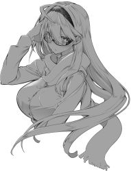 Rule 34 | 10mo, 1girl, ahoge, breasts, glasses, greyscale, highres, large breasts, long hair, long sleeves, looking at viewer, monochrome, original, scarf, solo, white background