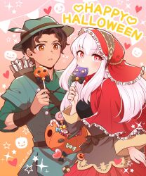 Rule 34 | 1boy, 1girl, alukubero, arrow (projectile), brown eyes, candy, cyril (fire emblem), dark-skinned male, dark skin, fire emblem, food, halloween, halloween costume, highres, holding, holding candy, holding food, holding lollipop, jack-o&#039;-lantern, lollipop, looking at viewer, lysithea von ordelia, nintendo, quiver, sidelocks, white hair