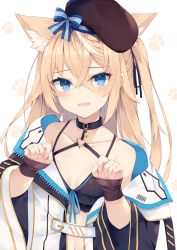 Rule 34 | 1girl, animal ear fluff, animal ears, bare shoulders, bikini, black bikini, black headwear, blonde hair, blue eyes, braid, breasts, choker, collarbone, commentary request, crossed bangs, fox ears, hair between eyes, hair ribbon, highres, jacket, long hair, looking at viewer, multicolored hair, nibiiro shizuka, off shoulder, one side up, open clothes, open jacket, open mouth, original, paw pose, ribbon, simple background, small breasts, solo, streaked hair, sweat, swimsuit, upper body, white background, wide sleeves