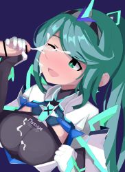Rule 34 | 1girl, amor, armor, artist request, blush, breasts, censored, cum, cum on body, earrings, ejaculation, elbow gloves, flat color, gloves, green eyes, green hair, jewelry, kitami tsuzuka, large breasts, long hair, nintendo, one eye closed, open mouth, penis, penis grab, pneuma (xenoblade), ponytail, shoulder armor, smile, solo, spoilers, xenoblade chronicles (series), xenoblade chronicles 2