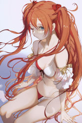 Rule 34 | 1girl, bare shoulders, bikini, blue eyes, breasts, closed mouth, detached sleeves, floating hair, front-tie bikini top, front-tie top, highres, long hair, looking at viewer, navel, neon genesis evangelion, one eye closed, orange hair, salmon88, shadow, simple background, sitting, skindentation, small breasts, solo, souryuu asuka langley, stomach, string bikini, swimsuit, thighs, two-tone bikini, two side up, very long hair, white background, white bikini