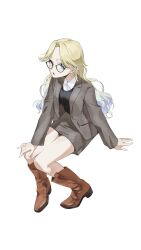 Rule 34 | 1girl, bespectacled, black-framed eyewear, black sweater vest, blazer, blonde hair, blue eyes, blue hair, boots, brown footwear, brown jacket, brown skirt, collared shirt, dress shirt, glasses, gradient hair, hair down, hand on lap, hand rest, highres, invisible chair, jacket, koiori, light blue hair, link! like! love live!, long hair, long sleeves, looking at viewer, love live!, miniskirt, multicolored hair, open mouth, osawa rurino, parted bangs, shirt, simple background, sitting, skirt, solo, sweater vest, virtual youtuber, white background, white shirt