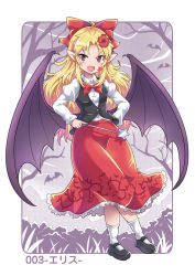 Rule 34 | ahoge, bat (animal), bat wings, black vest, blonde hair, bow, colonel aki, commentary request, crossed legs, elis (touhou), fangs, floating, flower, hair bow, hair flower, hair intakes, hair ornament, hands on own hips, highly responsive to prayers, holding, holding wand, juliet sleeves, long hair, long sleeves, open mouth, pointy ears, puffy sleeves, red eyes, red skirt, shirt, shoes, sidelocks, skirt, smile, socks, star (symbol), touhou, touhou (pc-98), translation request, tree, vest, wand, white shirt, wings