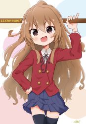 Rule 34 | 1girl, aisaka taiga, artist name, black ribbon, black thighhighs, blazer, blue skirt, blush, bokken, brown eyes, brown hair, collared shirt, commentary request, cowboy shot, dotted background, female focus, flat chest, hair between eyes, hand on own hip, hand up, highres, jacket, long hair, long sleeves, looking at viewer, motokazu (dontokodon), multicolored background, neck ribbon, oohashi high school uniform, open mouth, pleated skirt, red jacket, ribbon, school uniform, shirt, skirt, smile, solo, standing, sword, thighhighs, toradora!, v-shaped eyebrows, very long hair, weapon, white shirt, wooden sword, zettai ryouiki