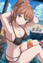 Rule 34 | 1girl, armpits, arms up, bad id, bad twitter id, bang dream!, bangle, bare arms, bare legs, beach, bikini, black bikini, blue sky, blurry, blurry background, blush, bottle, bracelet, breasts, brown hair, cleavage, cloud, collarbone, cooler, cup, day, earrings, flower, unworn footwear, green eyes, hair between eyes, hair tie in mouth, highres, imai lisa, jewelry, large breasts, long hair, looking at viewer, lotion, mouth hold, narafume, necklace, ocean, outdoors, ponytail, sand, sandals, unworn sandals, sidelocks, sitting, sky, smile, solo, stomach, string bikini, swimsuit, tying hair