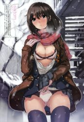 Rule 34 | 1girl, absurdres, black thighhighs, bra, breasts, brown hair, clothes lift, coat, framed breasts, highres, lingerie, medium breasts, nipple slip, nipples, open clothes, open shirt, original, panties, plaid, plaid scarf, saitou masatsugu, scarf, school uniform, shirt, skirt, skirt lift, snow, solo, thighhighs, underwear