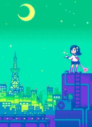 Rule 34 | 1girl, air conditioner, animated, animated gif, blouse, building, city lights, crane (machine), crescent moon, flower, full body, gradient sky, green sky, hair ornament, heart, holding, holding wand, jellyfish, kneehighs, ladder, long sleeves, monochrome, moon, necktie, night, original, outdoors, pixel art, plant, potted plant, purple socks, red flower, red necktie, shirt, short hair, skirt, sky, socks, solo, standing, star (sky), starry sky, tokyo tower, toyoi yuuta, wand, white shirt, wind