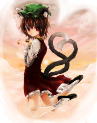 Rule 34 | 1girl, absurdres, animal ears, bad id, bad pixiv id, brown hair, cat ears, cat girl, cat tail, chen, earrings, female focus, hat, highres, jewelry, jumping, looking back, multiple tails, nekometaru, paw pose, red eyes, short hair, solo, tail, tanhatsu, touhou