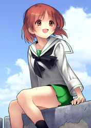 Rule 34 | 1girl, :d, artist name, black neckerchief, black socks, blouse, blue sky, brown eyes, brown hair, cloud, cloudy sky, commentary, commission, day, girls und panzer, green skirt, highres, long sleeves, looking to the side, miniskirt, neckerchief, nishizumi miho, ooarai school uniform, open mouth, outdoors, pleated skirt, school uniform, serafuku, shirt, short hair, signature, skirt, sky, smile, socks, solo, sumi (oyasumie), twitter username, white shirt
