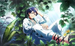 Rule 34 | 1boy, blue eyes, blue hair, fingernails, hand in own hair, hand on own knee, highres, idolmaster, idolmaster side-m, idolmaster side-m live on stage!, male focus, official art, outdoors, pants, parted lips, plant, rain, sitting, sunlight, taiga takeru, tree, water drop, white pants