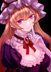 Rule 34 | 1girl, absurdres, arm ribbon, bad id, bad pixiv id, black background, blonde hair, breasts, brooch, cleavage, collar, collarbone, commentary request, detached collar, dress, elbow gloves, frilled collar, frills, gloves, hair between eyes, hat, hat ribbon, highres, index finger raised, jan (lightdragoon), jewelry, large breasts, light particles, lips, long hair, looking at viewer, mob cap, neck ribbon, puffy short sleeves, puffy sleeves, purple dress, purple eyes, purple hat, red ribbon, ribbon, short sleeves, simple background, smile, solo, touhou, upper body, white gloves, yakumo yukari
