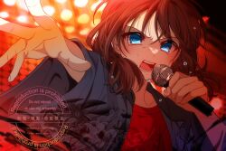 1girl blue_eyes blue_happi brown_hair commentary girls_band_cry hashtag-only_commentary highres iseri_nina jpeg_artifacts kuuhaku_to_catharsis low_twintails open_happi open_mouth red_shirt shirt short_hair short_twintails solo sweat tamaki_(tetksb_tamaki) teeth twintails twitter_username upper_body watermark