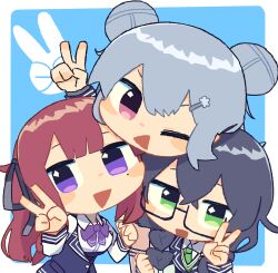 Rule 34 | 3girls, black hair, black ribbon, blazer, blue background, blue jacket, border, bow, bowtie, cevio, chibi, chin rest, collared shirt, crossed bangs, double bun, glasses, green eyes, green necktie, grey hair, hair bun, hair ornament, hair ribbon, hairclip, hanakuma chifuyu, hand up, head on head, head rest, highres, jacket, koharu rikka, konohoshi, long hair, looking at viewer, low twintails, multiple girls, natsuki karin, necktie, one eye closed, open clothes, open jacket, open mouth, outside border, partially unbuttoned, pink eyes, purple bow, purple bowtie, purple eyes, red hair, ribbon, school uniform, shirt, simple background, smile, synthesizer v, triangle mouth, twintails, v, v-shaped eyebrows, white border, white shirt