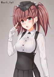 Rule 34 | 1girl, :o, anti (untea9), atlanta (kancolle), blush, bra visible through clothes, breasts, brown hair, earrings, garrison cap, gloves, grey eyes, hat, high-waist skirt, highres, index finger raised, jewelry, kantai collection, long hair, long sleeves, looking at viewer, medium breasts, partially fingerless gloves, shirt, skirt, solo, star (symbol), star earrings, suspender skirt, suspenders, twitter username, two side up, upper body, white gloves, white shirt