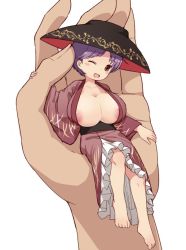 Rule 34 | 1girl, alternate breast size, areola slip, barefoot, blush stickers, bowl, bowl hat, breasts, commentary request, full body, hat, in palm, japanese clothes, kimono, large areolae, large breasts, long sleeves, mini person, minigirl, one eye closed, purple hair, red eyes, red kimono, short hair, simple background, sitting, smile, solo focus, sukuna shinmyoumaru, touhou, translation request, urin, white background, wide sleeves