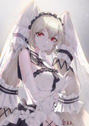 Rule 34 | 1girl, absurdres, ai dongdong, azur lane, black bow, bow, breast hold, breasts, commentary, covered navel, cowboy shot, dress, elbow gloves, expressionless, flower, formidable (azur lane), formidable (timeless classics) (azur lane), frilled hairband, frills, gloves, grey background, hair between eyes, hair tubes, hairband, hand on own cheek, hand on own face, highres, large breasts, lips, long hair, looking at viewer, official alternate costume, parted lips, red eyes, sailor collar, see-through, signature, silver hair, simple background, solo, veil, very long hair, white dress, white flower, white gloves